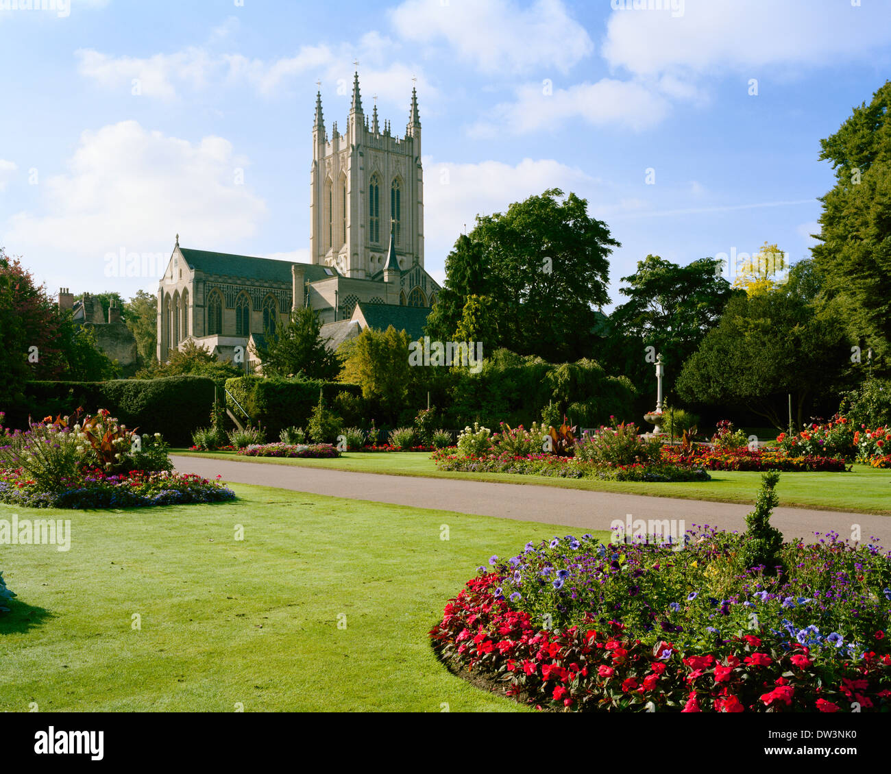 St Edmundsbury Cathedral dall'Abbey Gardens, Bury St Edmunds Suffolk, Foto Stock