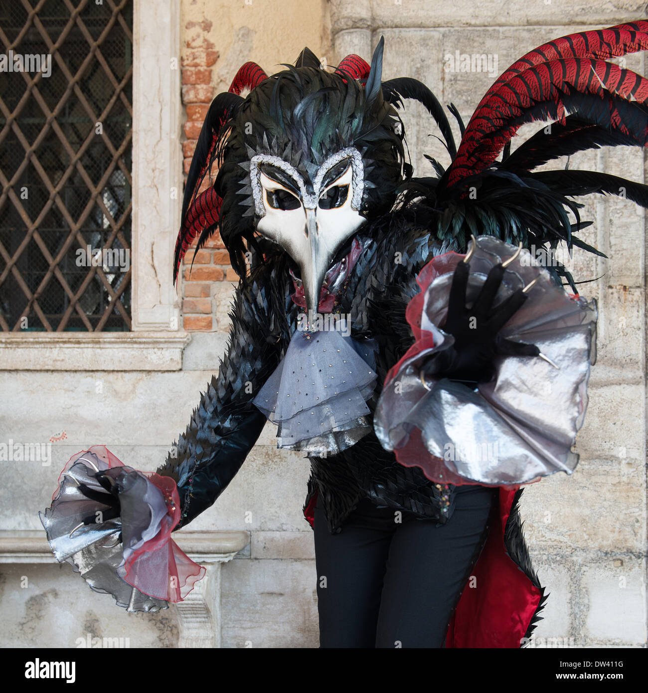 Venezia, Italia. Il 26 febbraio 2014. Colpendo le piume sono la caratteristica di questa maschera e costume come l'indossatore colpisce un drammatico pongono durante la Venezia Carnivale - Mercoledì 26 Febbraio. Credito: MeonStock/Alamy Live News Foto Stock