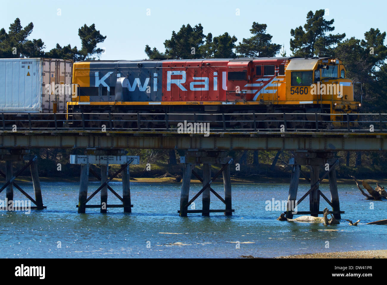 Treno merci Attraversamento fiume Waikouaiti, Karitane, Dunedin, Otago, Isola del Sud, Nuova Zelanda Foto Stock