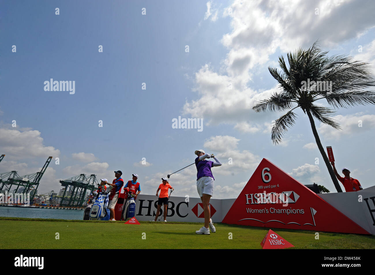 Singapore. Il 27 febbraio, 2014. Karrie Webb dell Australia gioca durante la HSBC donna Champions in Singapore Sentosa Golf Club, 27 febbraio 2014. Credito: Quindi Chih Wey/Xinhua/Alamy Live News Foto Stock