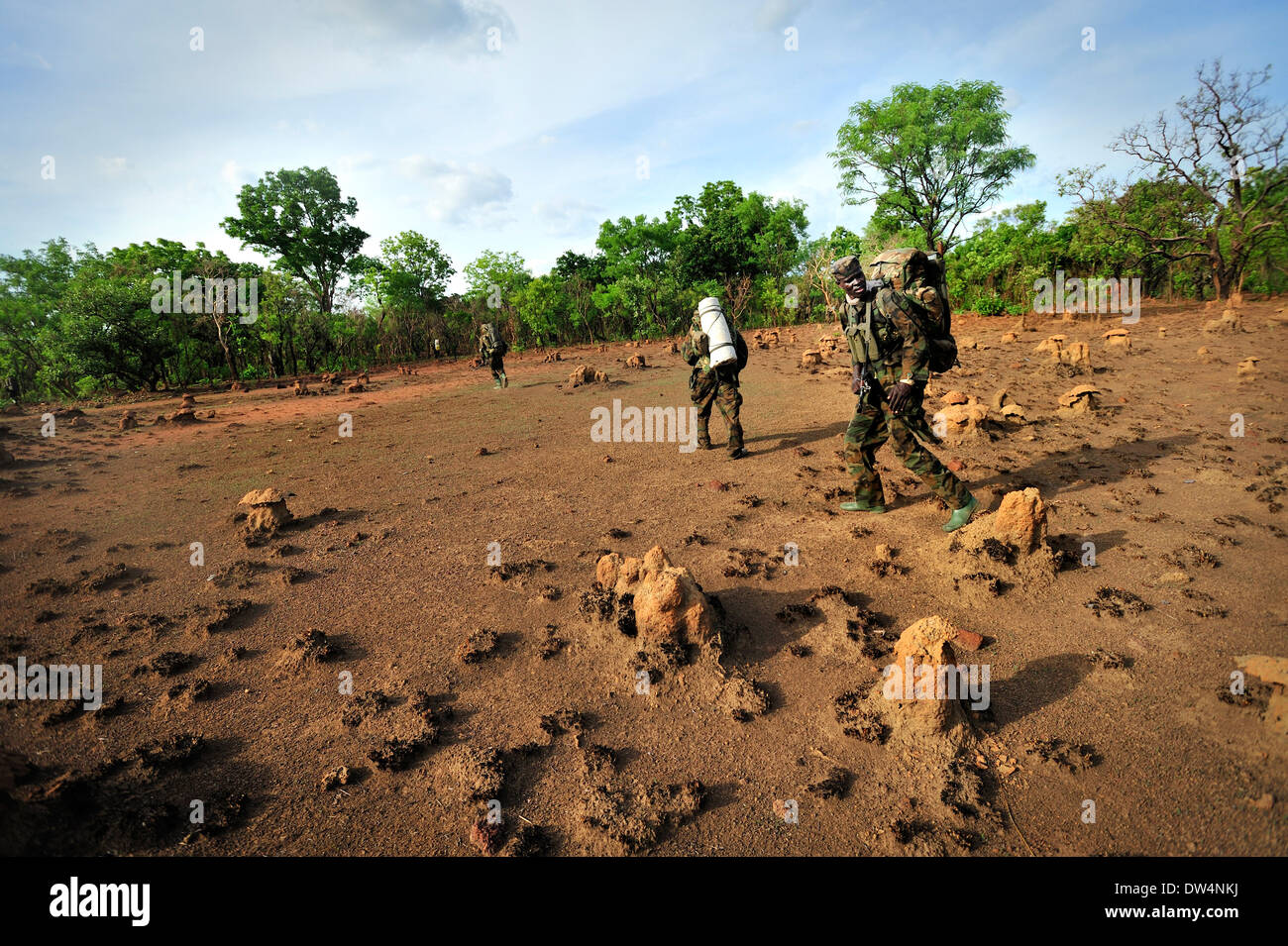 Soldati ugandesi dell'Uganda la difesa del popolo forza (UPDF) patrol tramite la centrale di giungla africana durante un'operazione per cacciare famigerato Esercito di Resistenza del Signore (LRA) leader Joseph Kony. L LRA è un cristiano militante del gruppo ribelle. Foto Stock