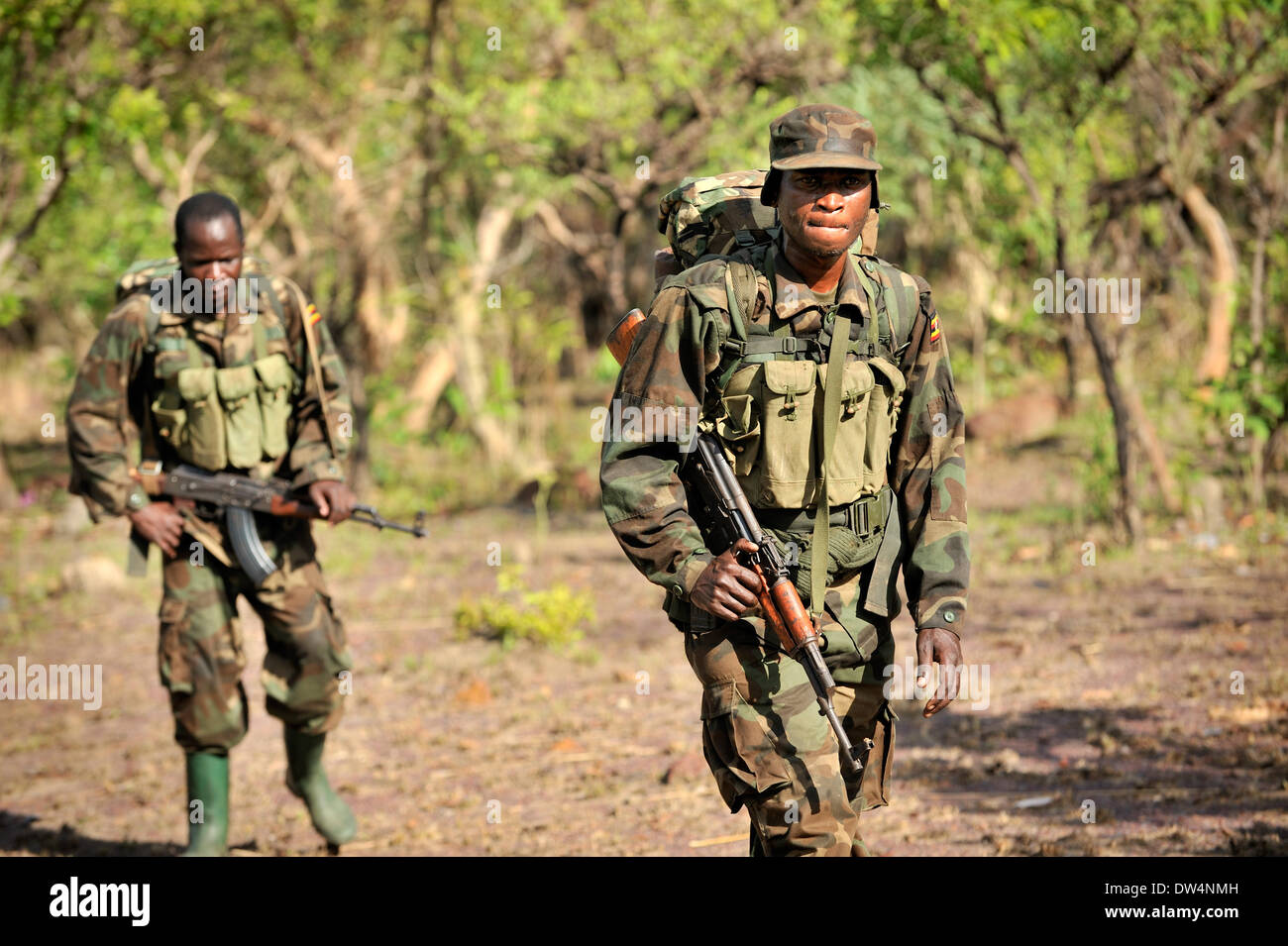 Soldati ugandesi dell'Uganda la difesa del popolo forza (UPDF) patrol tramite la centrale di giungla africana durante un'operazione per cacciare famigerato Esercito di Resistenza del Signore (LRA) leader Joseph Kony. L LRA è un cristiano militante del gruppo ribelle. Foto Stock