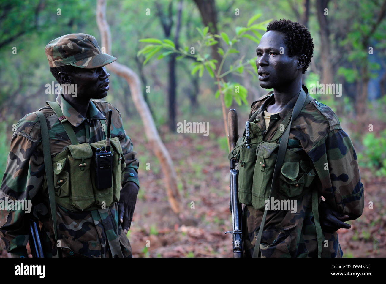 Soldati ugandesi dell'Uganda la difesa del popolo forza (UPDF) patrol tramite la centrale di giungla africana durante un'operazione per cacciare famigerato Esercito di Resistenza del Signore (LRA) leader Joseph Kony. L LRA è un cristiano militante del gruppo ribelle. Foto Stock