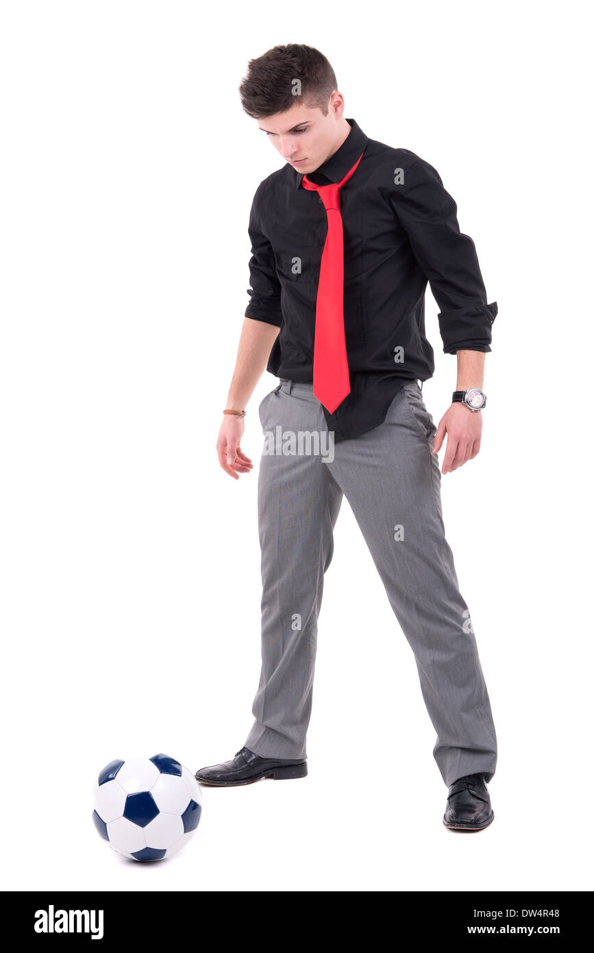 Imprenditore che giocano a calcio isolati in bianco Foto Stock