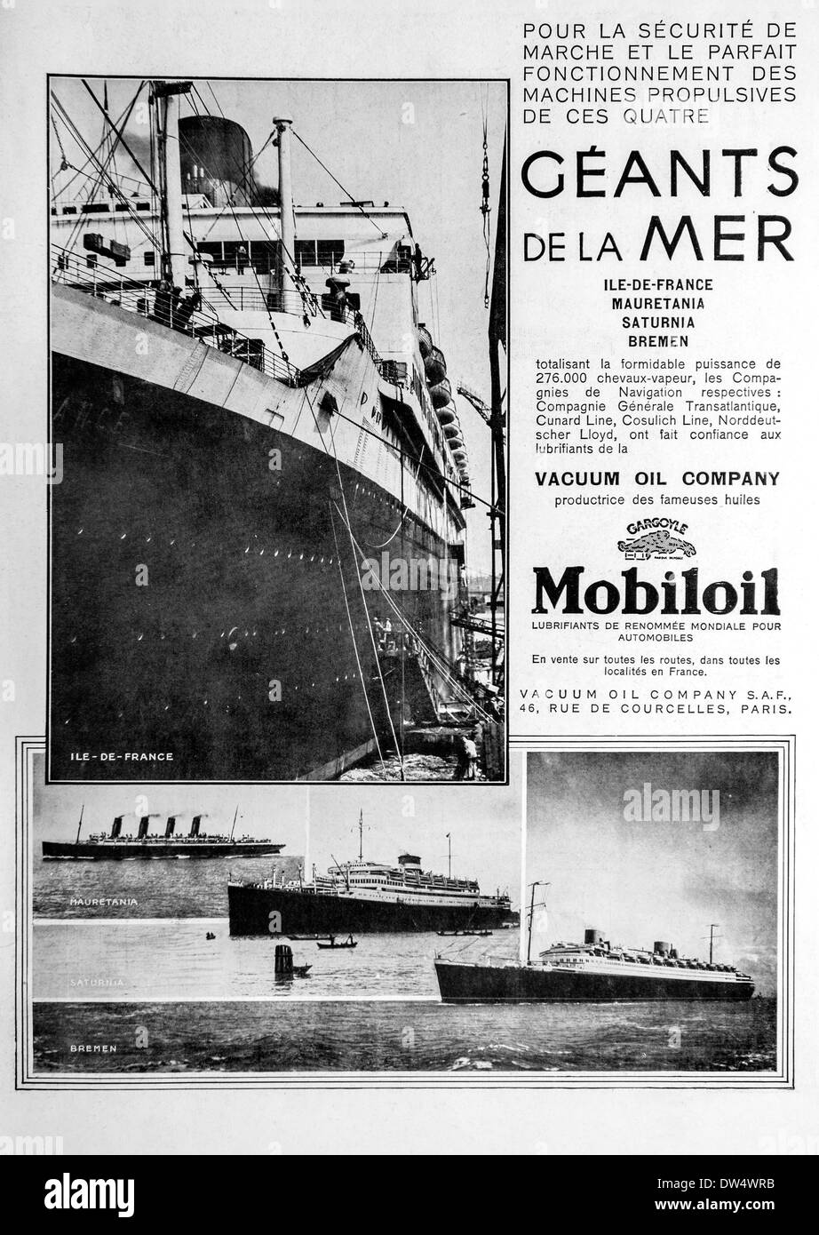 Il francese in bianco e nero vintage pubblicità per Mobiloil in magazzino Foto Stock