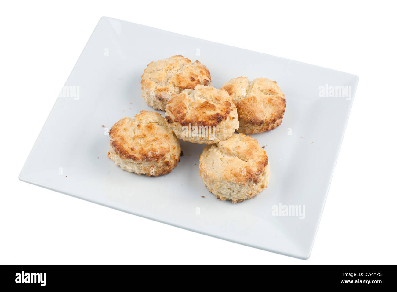 Cinque in casa pianura scones su una piastra bianca Foto Stock