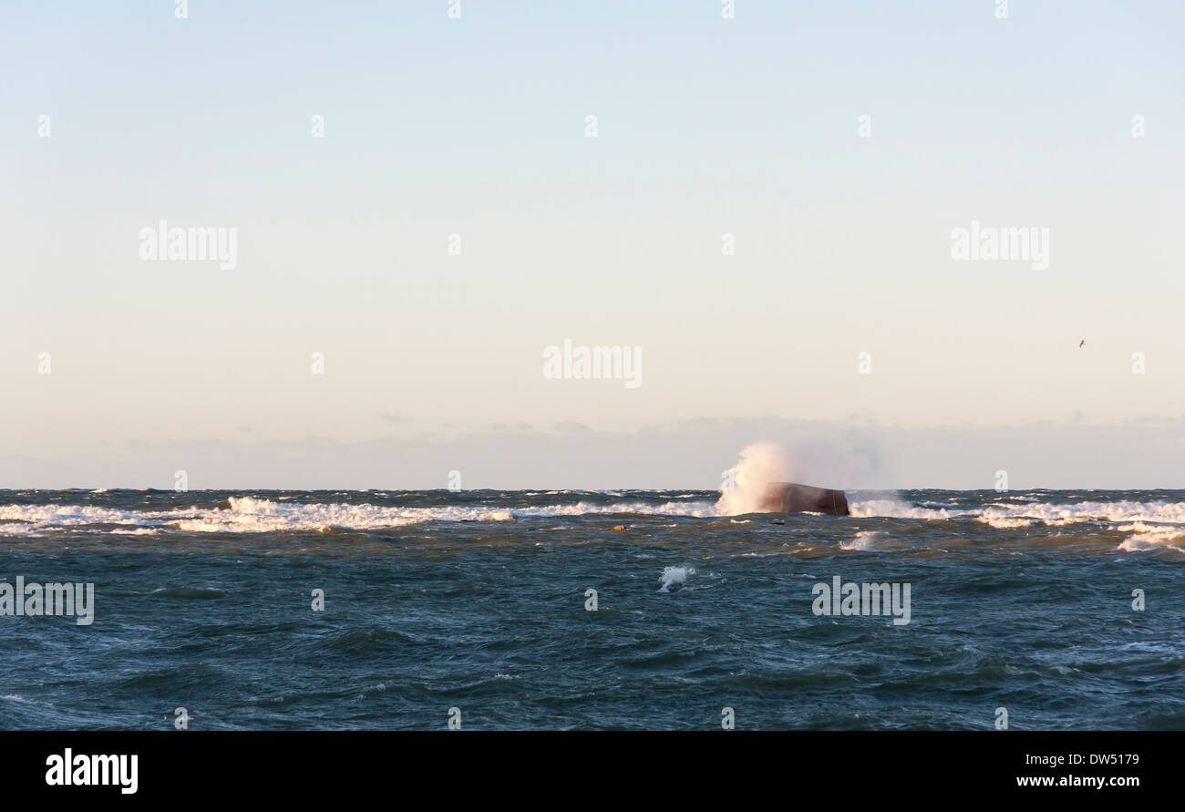 Mare tempestoso con onda bianco colpendo una roccia in background Foto Stock