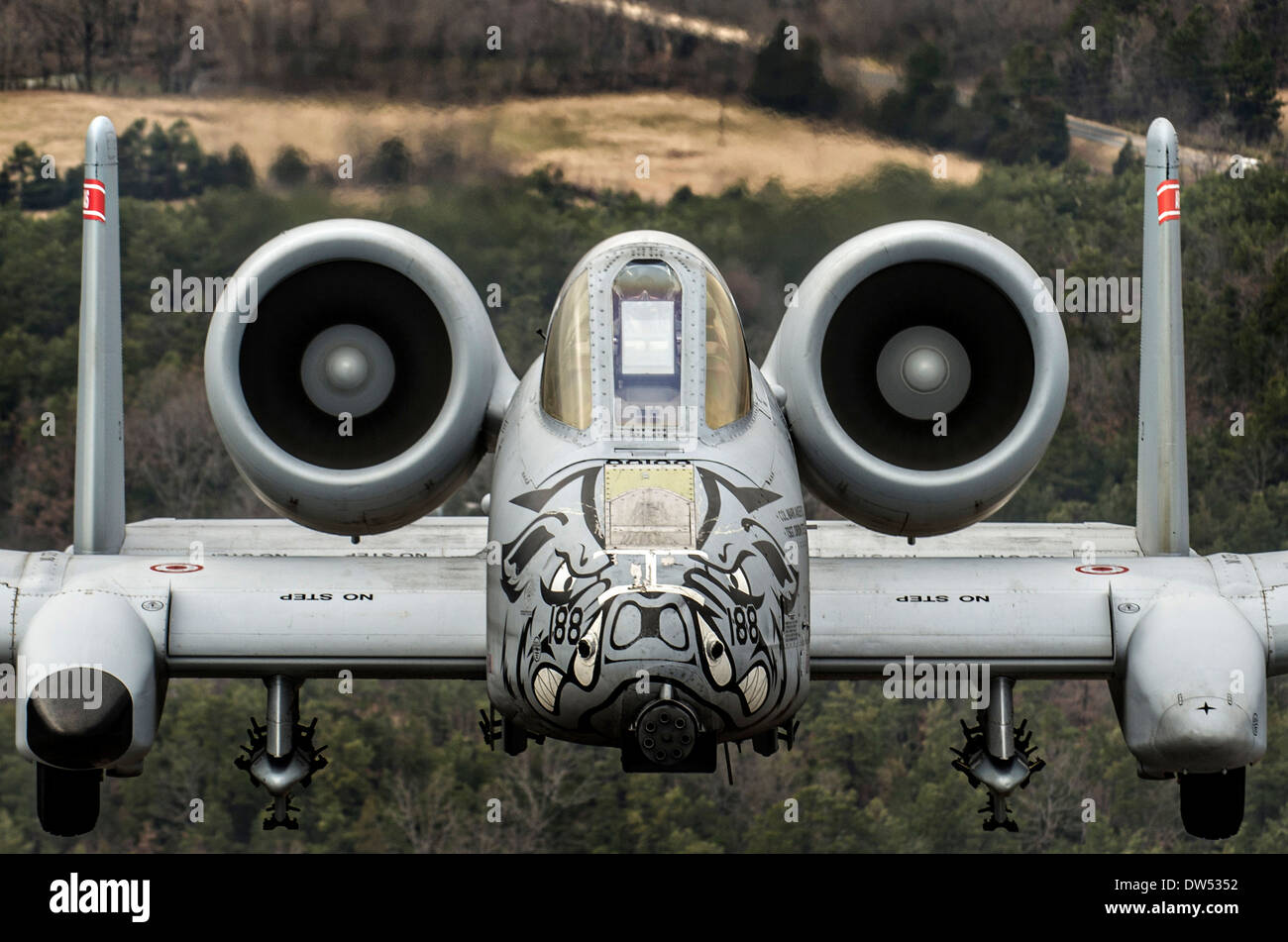 US Air Force A-10 Thunderbolt II aeromobili durante una missione di addestramento su Razorback gamma in Fort Chaffee manovra Training Center Dicembre 30, 2013 a Fort Smith, Arkansas. Foto Stock