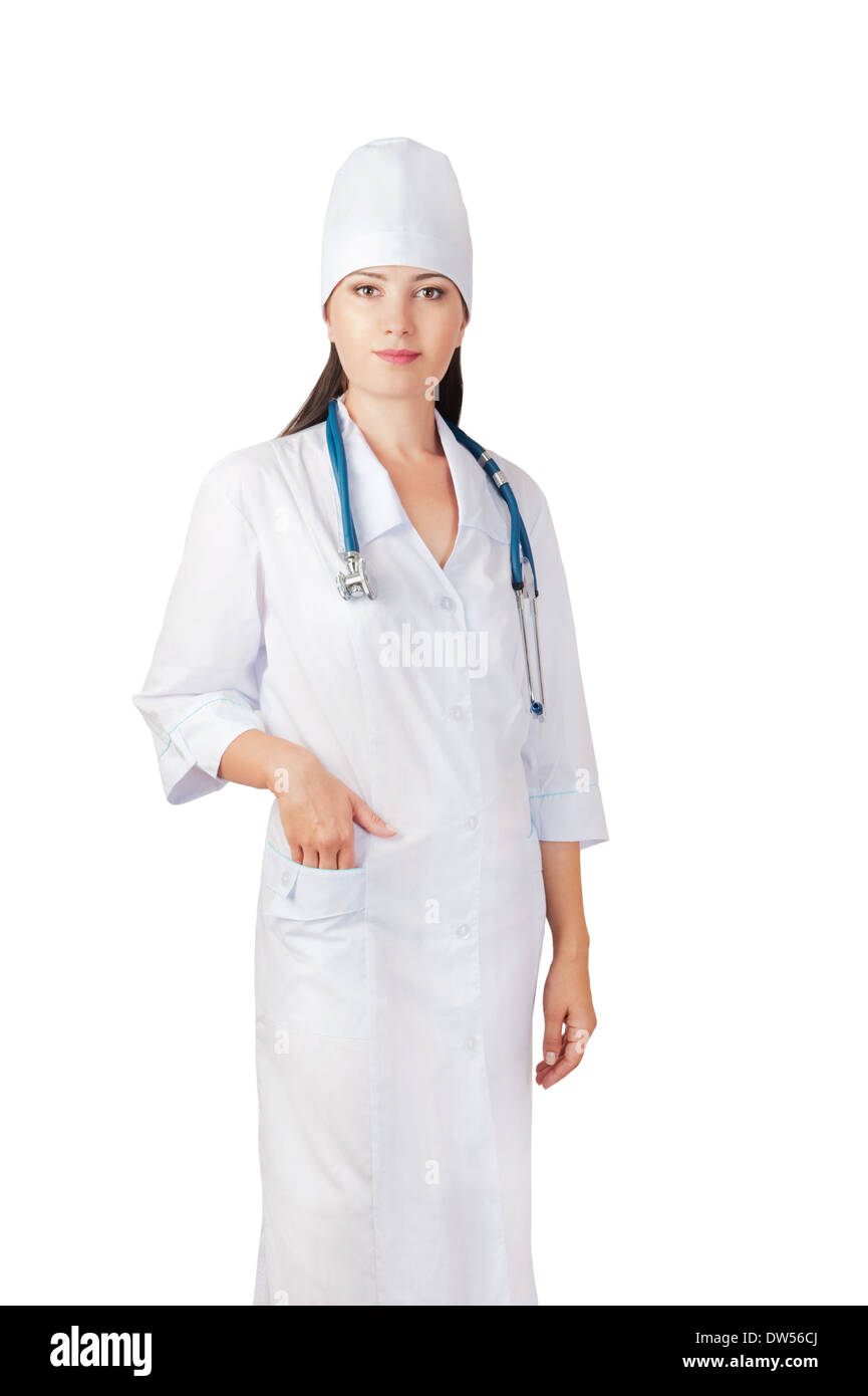 Donne medico con stetoscopio isolati su sfondo bianco Foto Stock