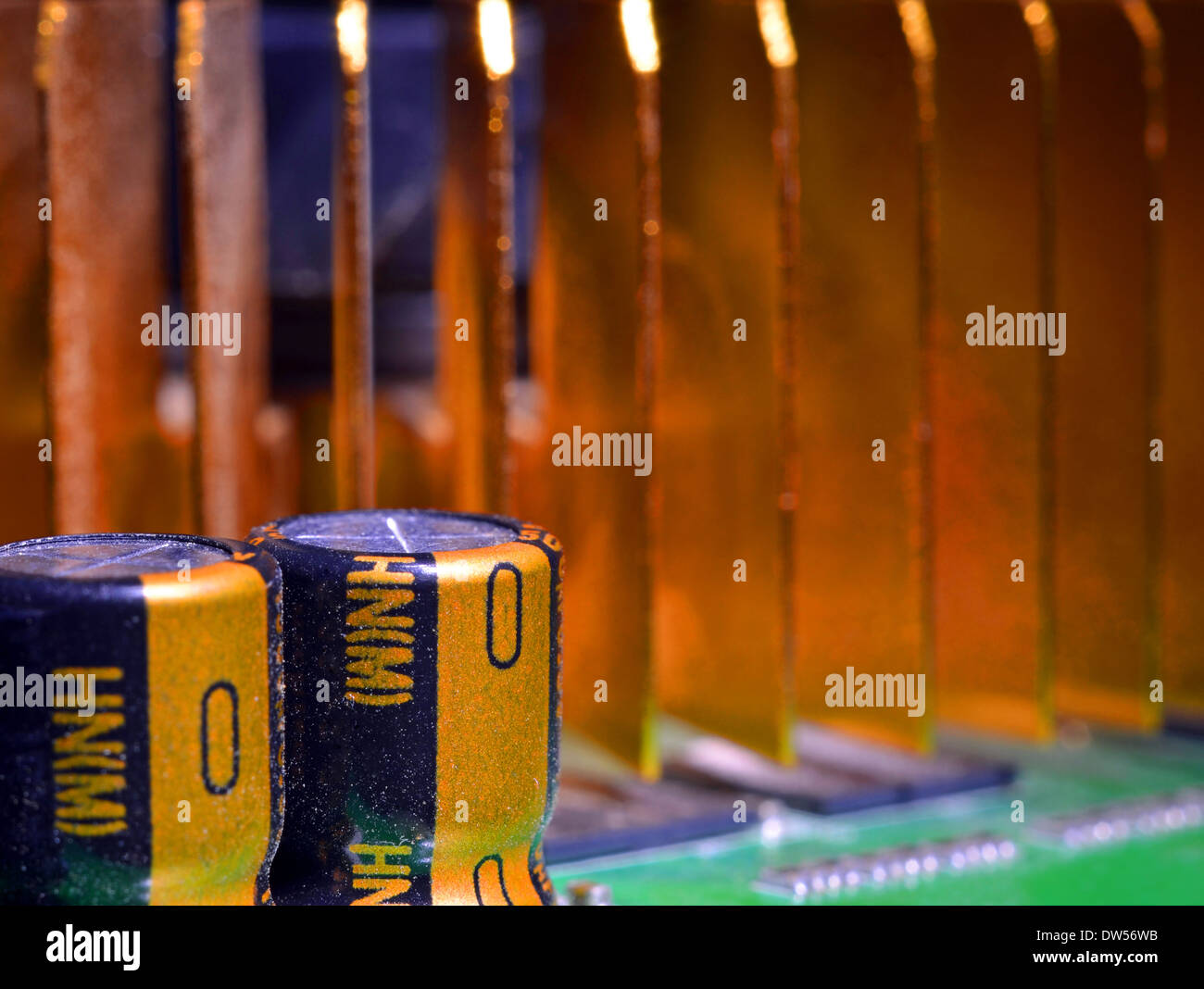 Scheda grafica macro, color oro dissipatore di calore in background Foto Stock