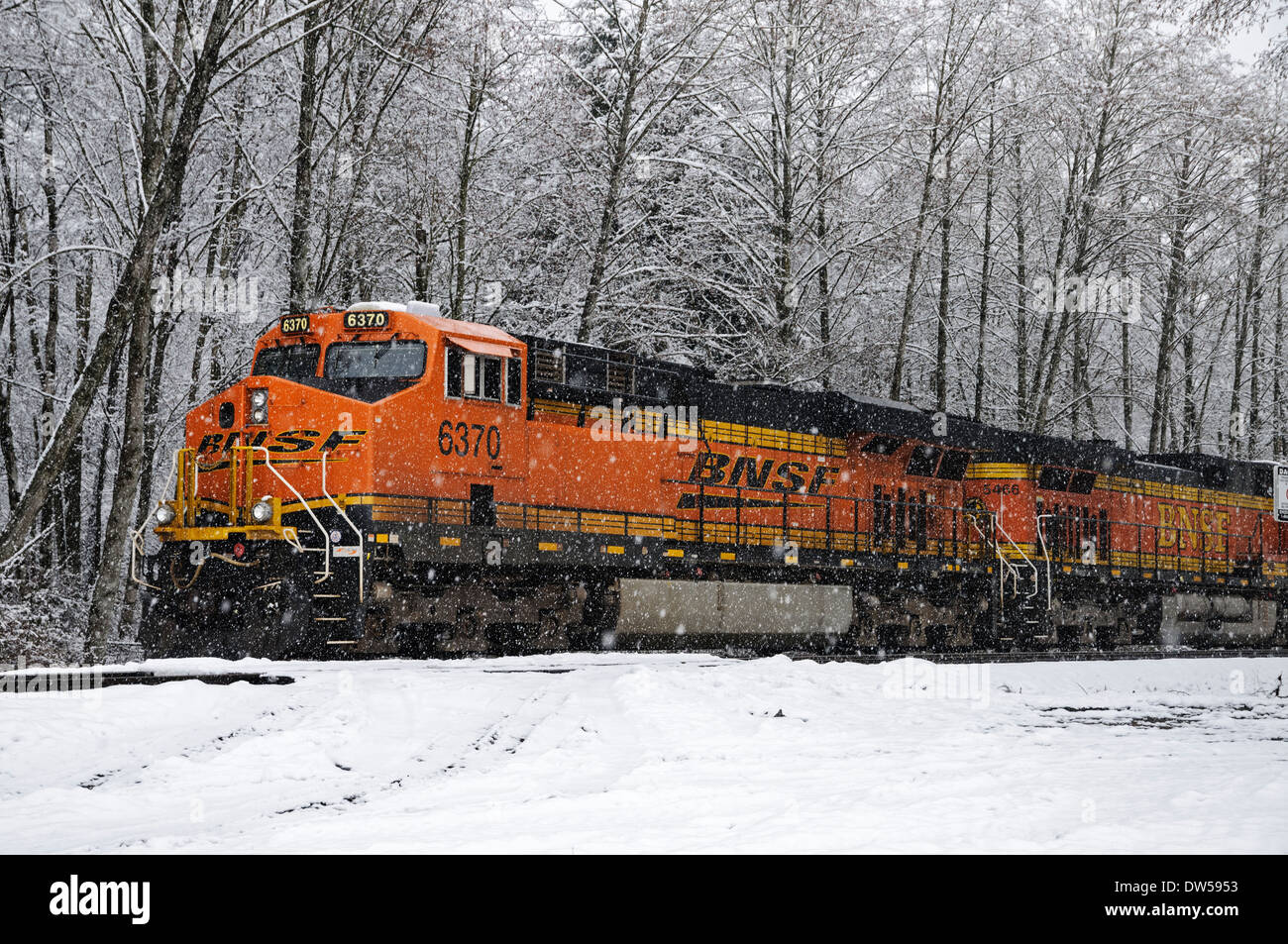 BNSF locomotive ferroviarie e carbone auto parcheggiata e al minimo su una rotaia schierata durante una tempesta di neve nel Delta, B.C. In Canada. Foto Stock