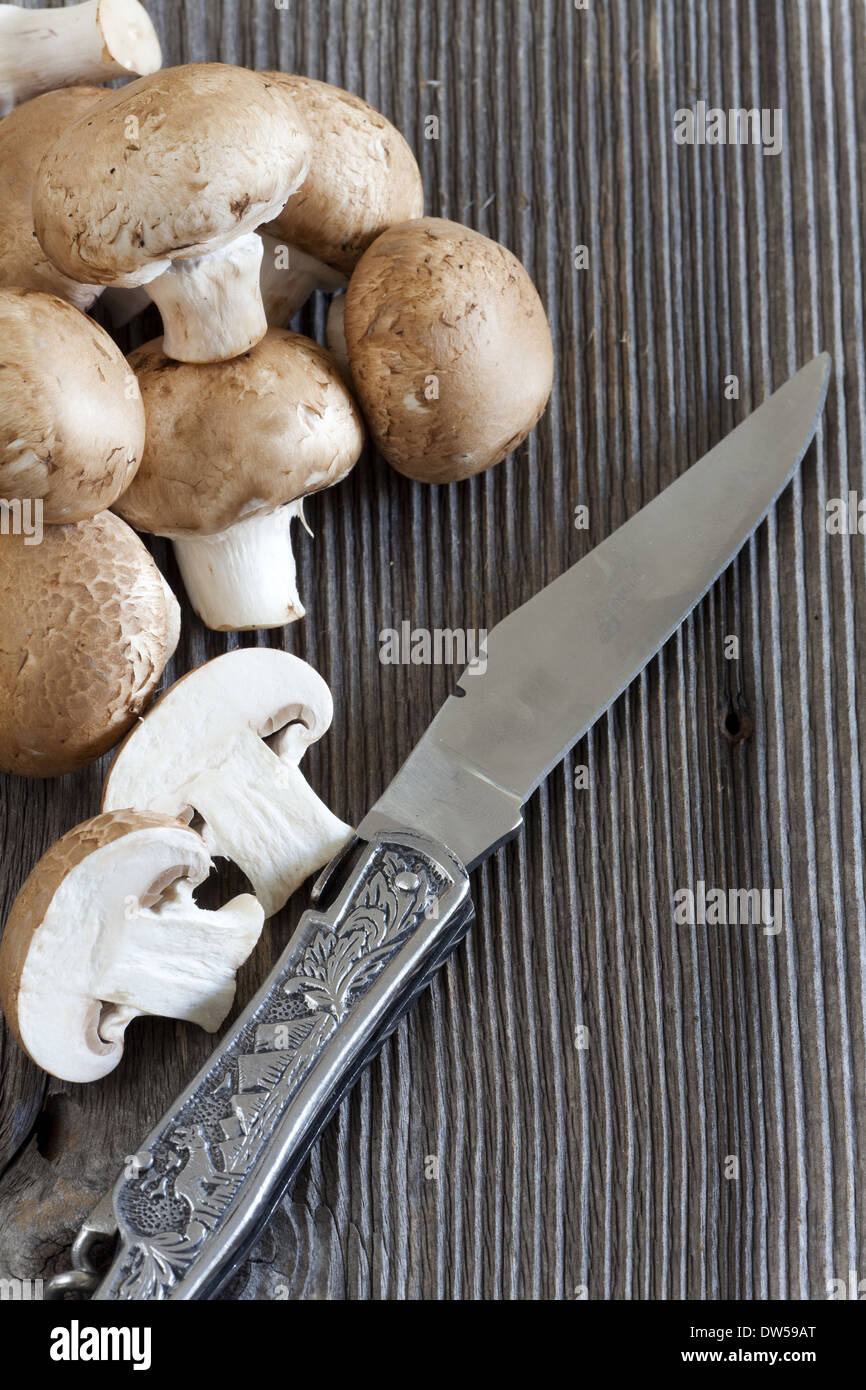 I funghi e un coltello da caccia con maniglia decorativo su rustiche in stile country pannello di legno Foto Stock