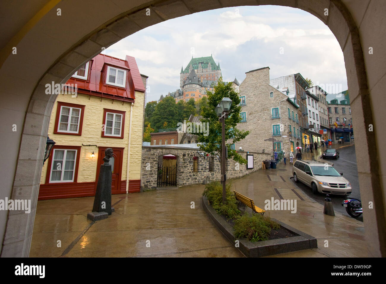 Quebec City in un giorno di pioggia, lo Château Frontenac, Quebec, Canada Foto Stock