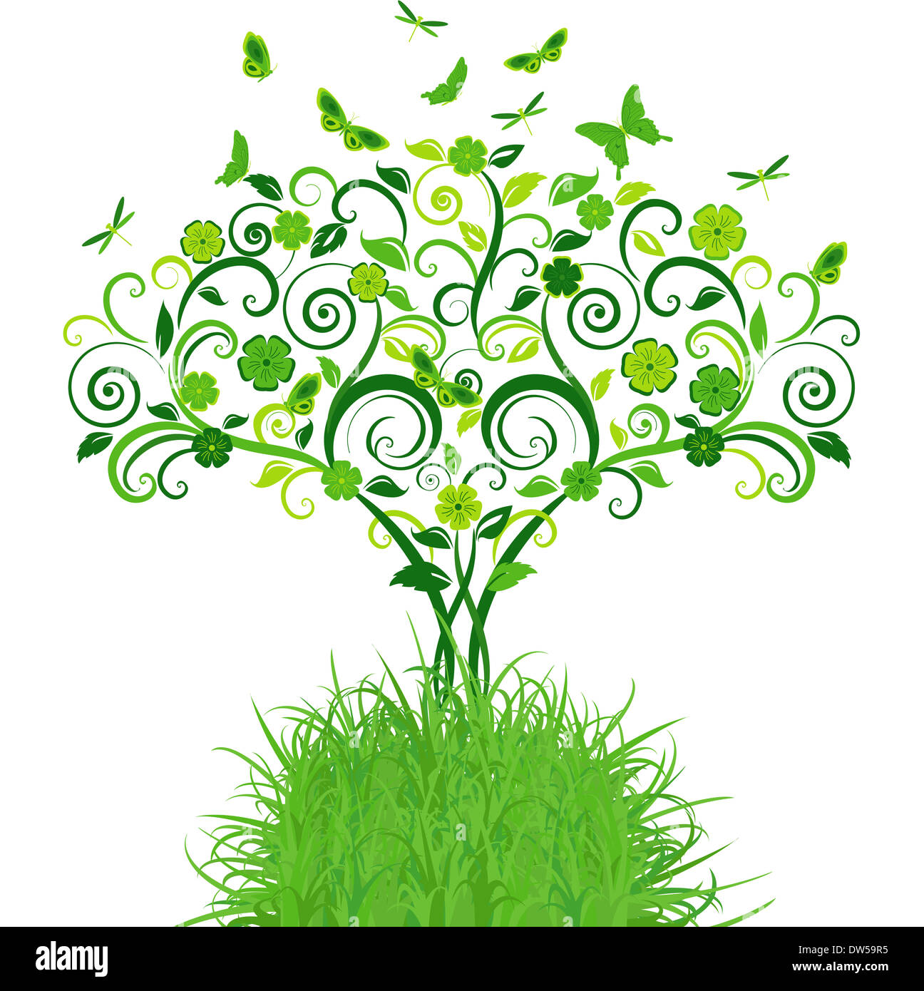 Pizzo verde albero con farfalle. Illustrazione Vettoriale Foto Stock