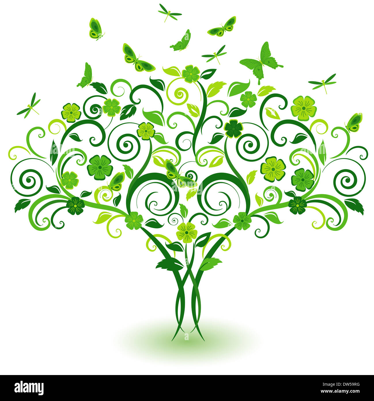 Pizzo verde albero con farfalle. Illustrazione Vettoriale Foto Stock