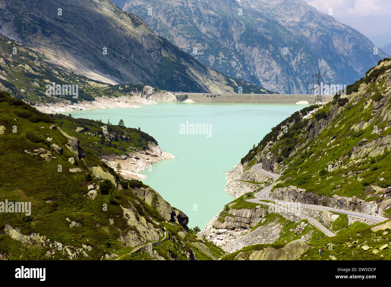 Räterichsbodensee con la diga, Passo del Grimsel, Canton Vallese, Svizzera, Europa Foto Stock