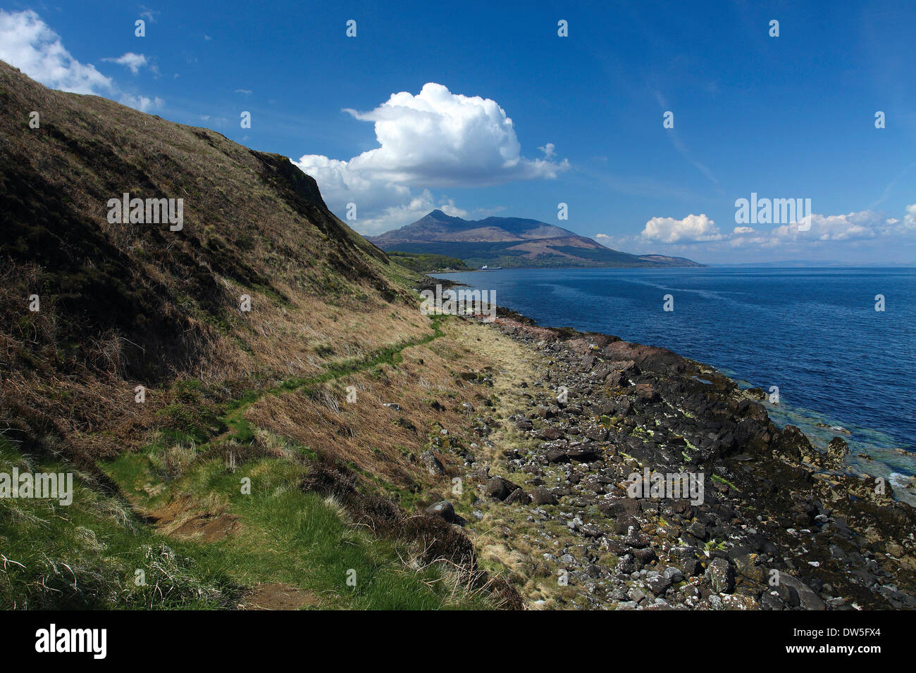 Capra cadde e Brodick Bay dal punto di Clauchlands sull'Arran sentiero costiero, Isle of Arran, Ayrshire Foto Stock