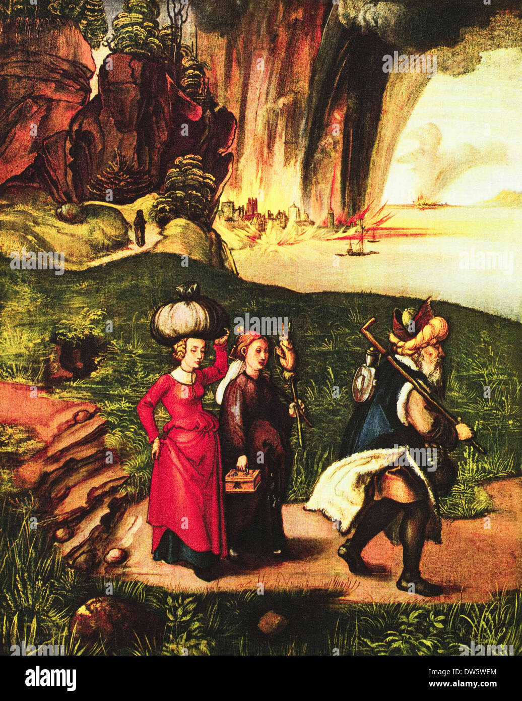 Lot e le sue figlie in fuga da Sodoma e Gomorra Olio su legno di Albrecht Durer circa 1498 artista tedesco 1471 - 1528 Foto Stock