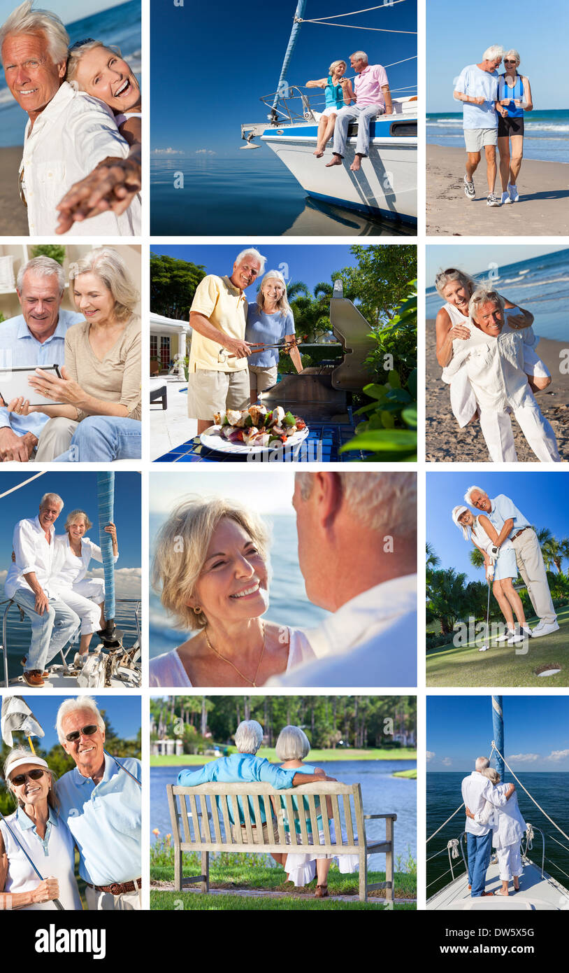 Felice Vecchio senior uomo donna coppie che vogliono godersi il pensionamento attivo lifestyle beach, giardinaggio, giocando a golf e vela su yacht di lusso Foto Stock