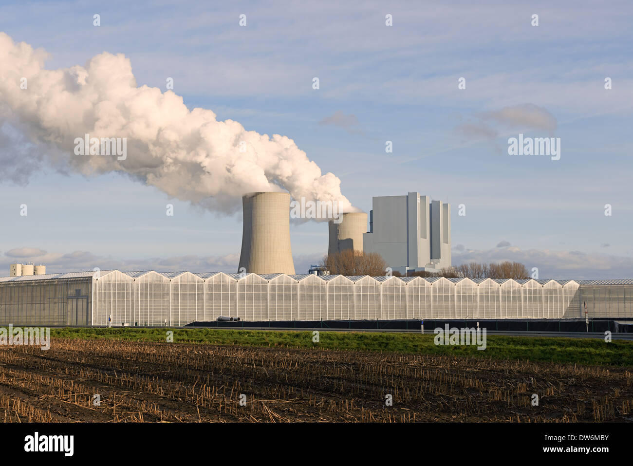 Serre commerciali utilizzando aria calda proveniente da una stazione di alimentazione Foto Stock