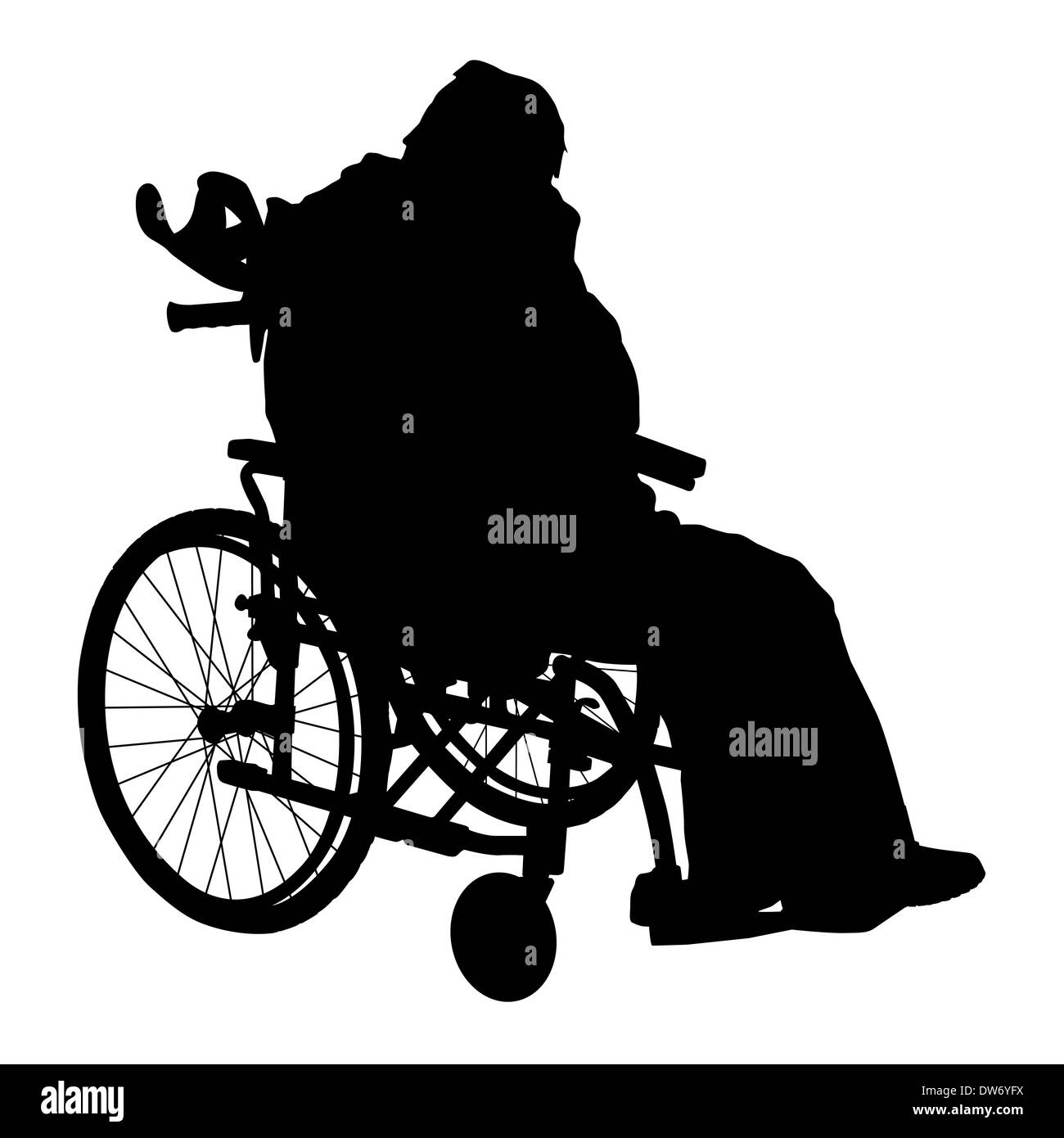 Un uomo disabile in carrozzella silhouette. Illustrazione Vettoriale. Foto Stock