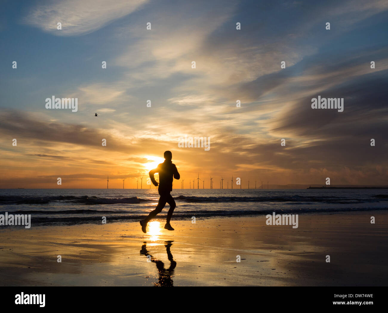 Seaton Carew nr Hartlepool, Regno Unito. 2 marzo 2014. Stiramento del pareggiatore all alba Seaton Carew beach. Nonostante la pioggia essendo previsioni per gran parte del Regno Unito di Domenica è stato un glorioso tramonto sulla costa nord est dell'Inghilterra. Credito: ALANDAWSONPHOTOGRAPHY/Alamy Live News Foto Stock