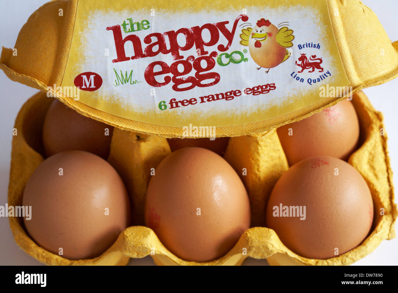 Scatola in cartone della felice uovo co 6 free range uova British Lion qualità M con coperchio aperto per mostrare i contenuti Foto Stock
