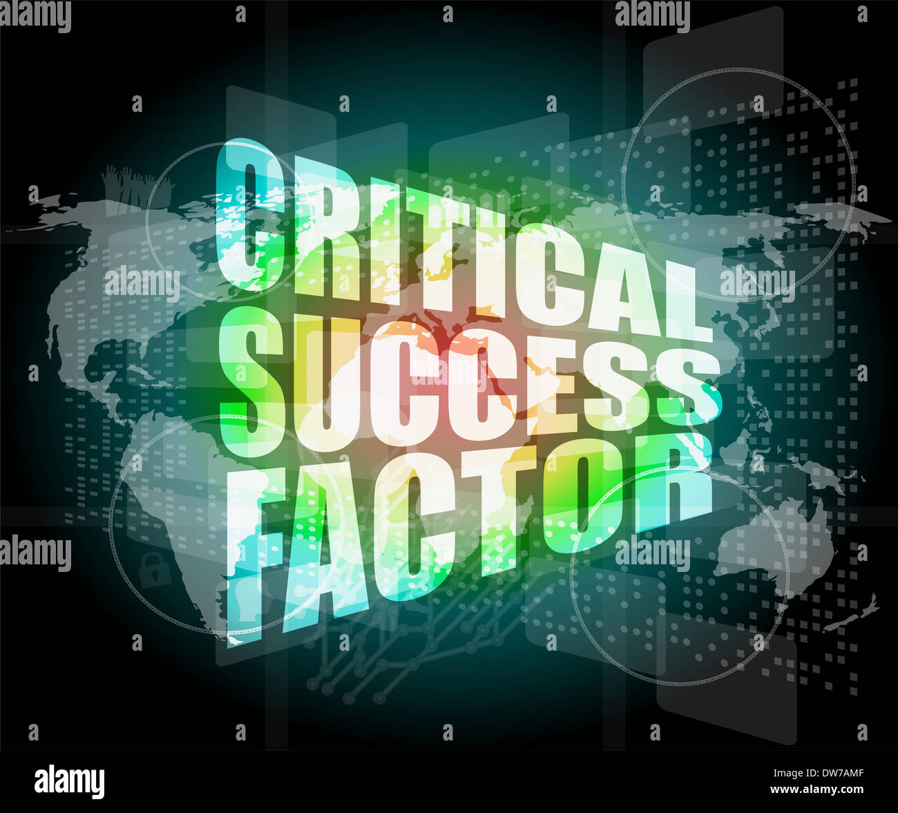Fattore critico di successo di parole sul display digitale con mappa del mondo Foto Stock