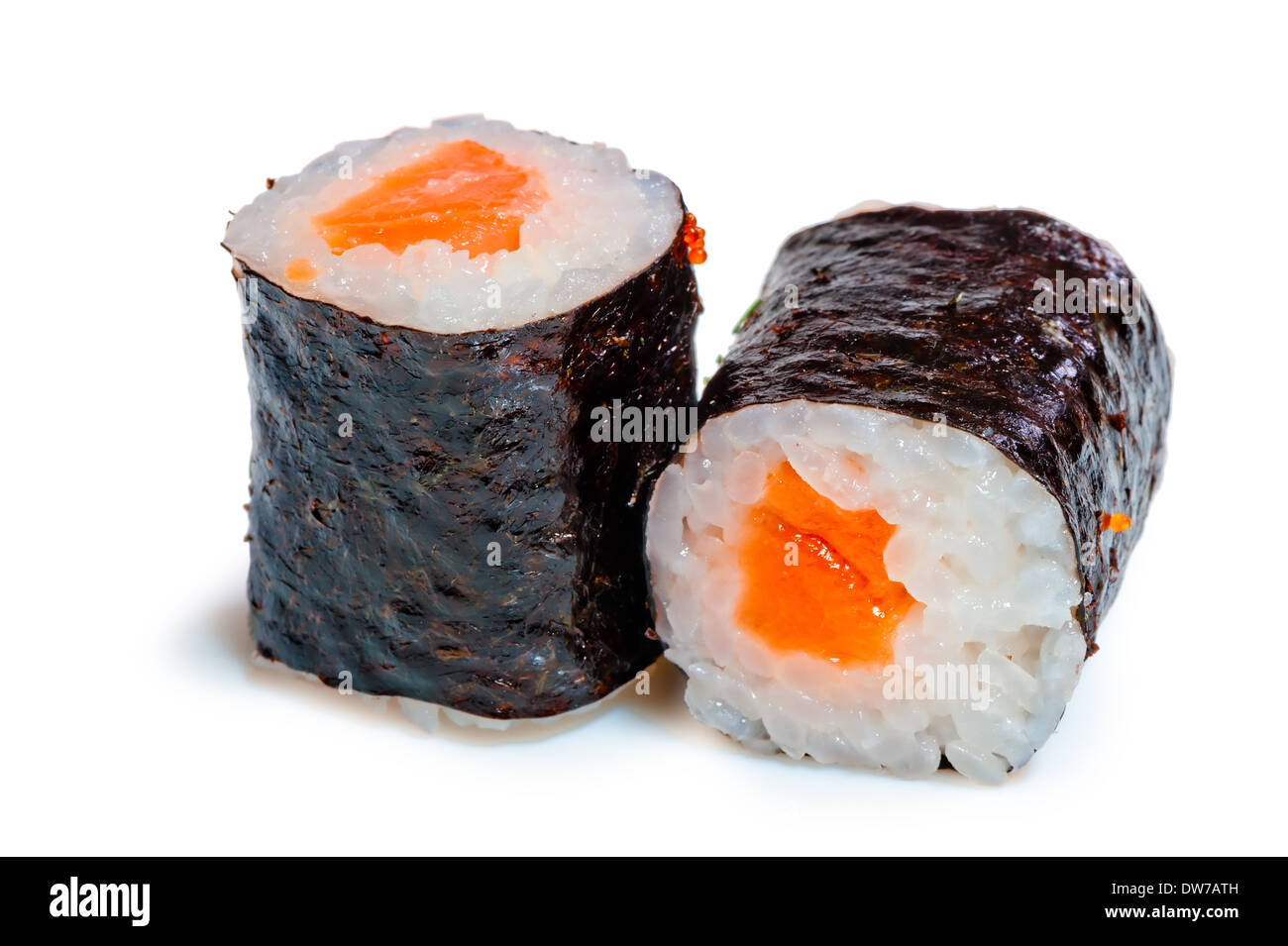 Due roll con salmone su sfondo bianco Foto Stock