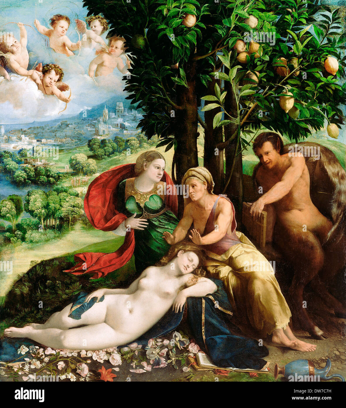 Dosso Dossi, scena mitologica. Circa 1524. Olio su tela. Il J. Paul Getty Museum. Foto Stock