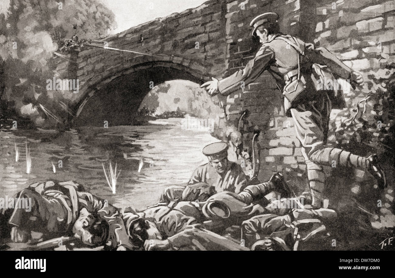 La British Royal Engineers ucciso mentre tenta di leggere il fusibile e Blow up di un ponte che attraversa il fiume Aisne Soissons Francia Foto Stock