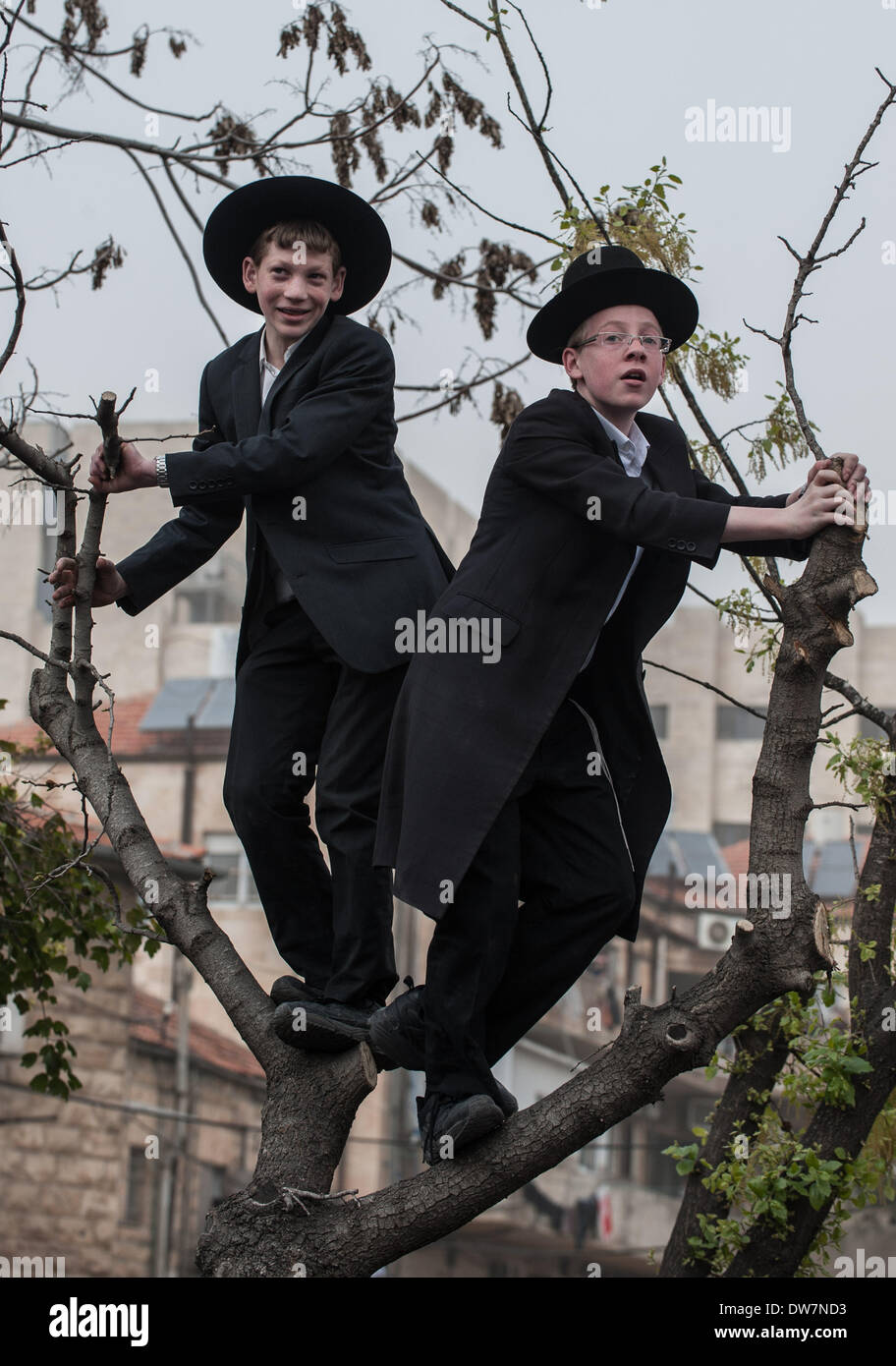 Gerusalemme. 2 Mar 2014. Ultra-Orthodox ebrei frequentare una massa anti-progetto di rally in Gerusalemme, 2 marzo 2014. Centinaia di migliaia di ultra- ebrei ortodossi raccolse Domenica a Gerusalemme per protestare contro un piano del governo per arruolare i loro giovani nell'esercito. Il governo sta spingendo per un progetto di legge di reclutamento ultra-ortodossi e mettere le sanzioni penali, compresa la detenzione, su progetto di dodgers. Credito: Li Rui/Xinhua/Alamy Live News Foto Stock
