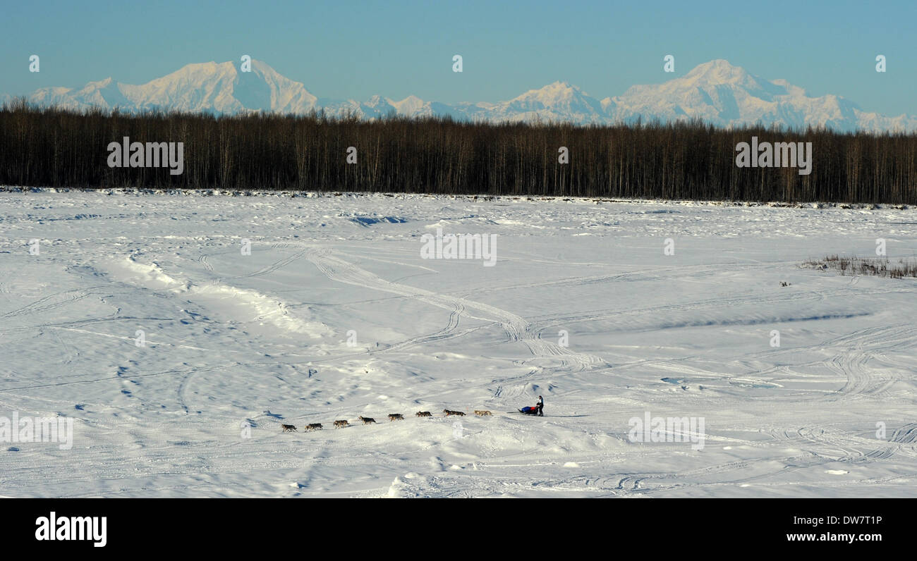 Willow, AK, STATI UNITI D'AMERICA. 2 Mar 2014. Un musher aziona il suo cane team nella parte anteriore del monte Foraker, Mount Hunter e Monte McKinley subito dopo l'inizio del 2014 Sentiero Iditarod Sled Dog Race fuori di Willow, AK, domenica 2 marzo, 2014. 140302. Credito: Bob Hallinen/Anchorage Daily News/ZUMAPRESS.com/Alamy Live News Foto Stock