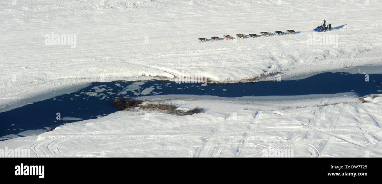 Willow, AK, STATI UNITI D'AMERICA. 2 Mar 2014. Un musher aziona il suo cane team passato alcuni aperti acqua subito dopo l'inizio del 2014 Sentiero Iditarod Sled Dog Race fuori di Willow, AK, domenica 2 marzo, 2014. 140302. Credito: Bob Hallinen/Anchorage Daily News/ZUMAPRESS.com/Alamy Live News Foto Stock
