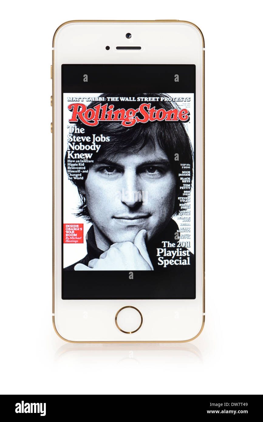 Steve Jobs sulla copertina della rivista Rolling Stone, su iPhone 5S, schermo iPhone 5 S Foto Stock