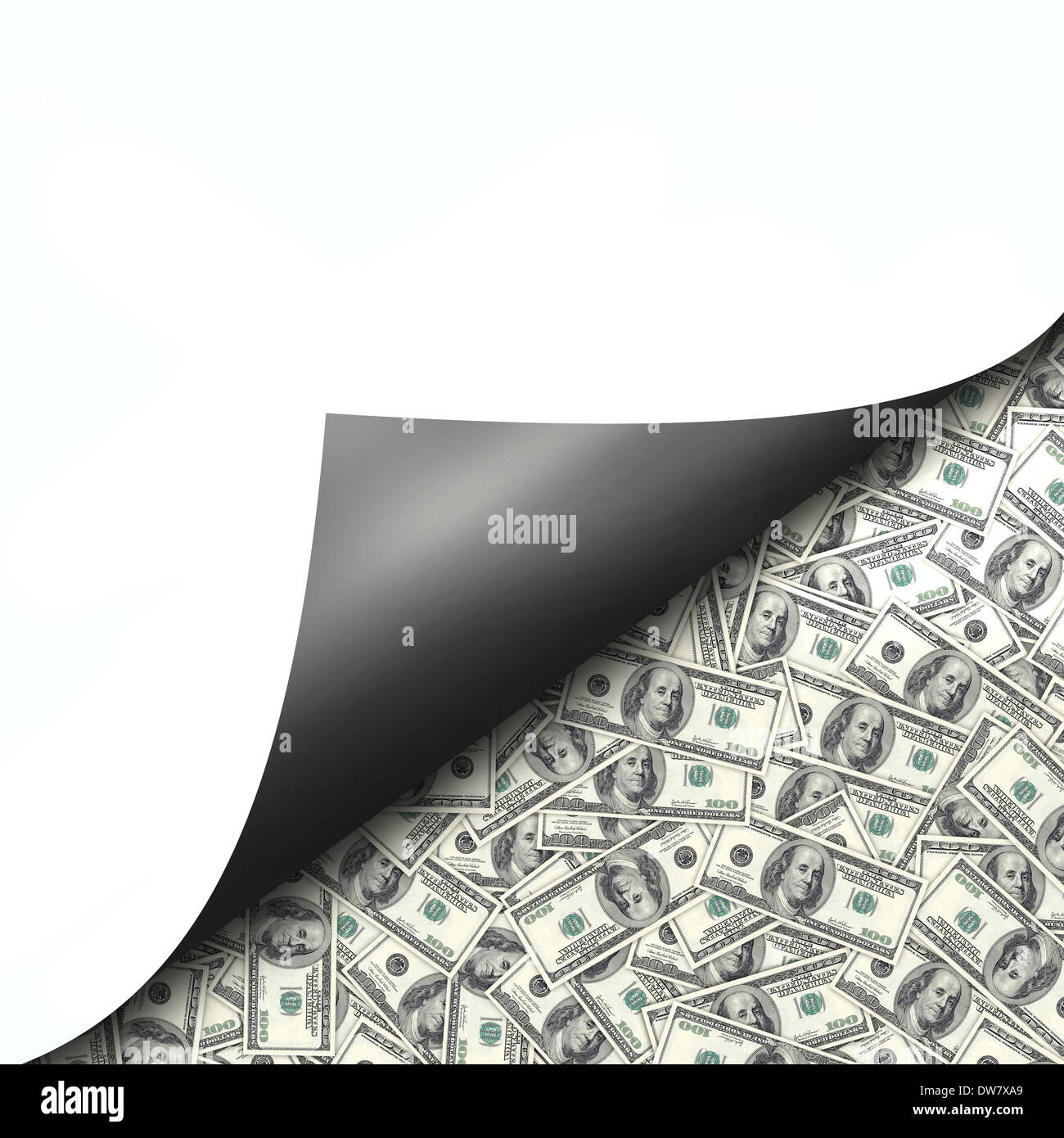 Centinaia di fatture del dollaro come sfondo dietro Pagina arricciata Foto Stock