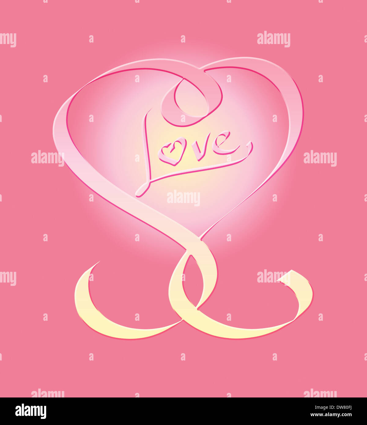 Cuore calligrafico goffrato nel gradiente pastelli, con la parola amore all'interno del cuore, in rosa Foto Stock