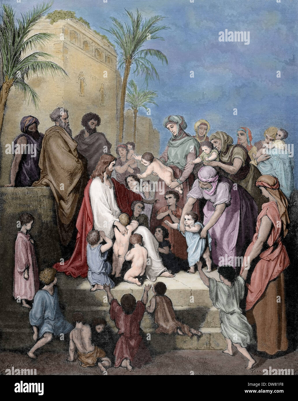 Il Nuovo Testamento. Vangelo di Marco. Capitolo X. Gesù la benedizione dei bambini. Gustave Dore il disegno. Incisione colorata. Foto Stock