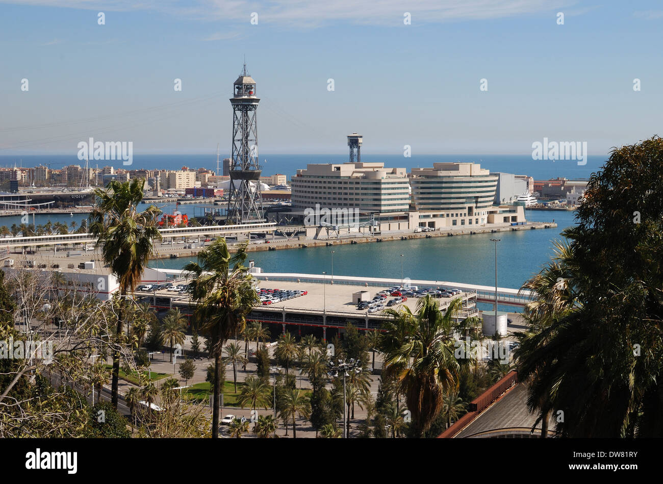 Porto di Barcellona. La Catalogna. Spagna. Con Torre de Jaume I. visto dal Montjuic Foto Stock