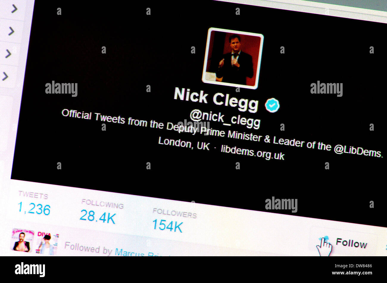 Computer screen shot: account twitter - Nick Clegg (marzo 2014) Foto Stock