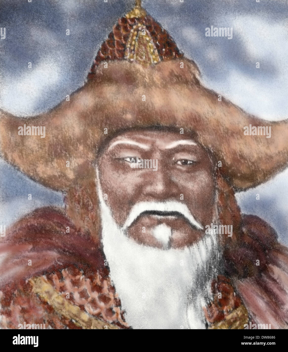 Gengis Khan (1162-1227). L'imperatore di Mogol Impero. Incisione. Colorati. Foto Stock