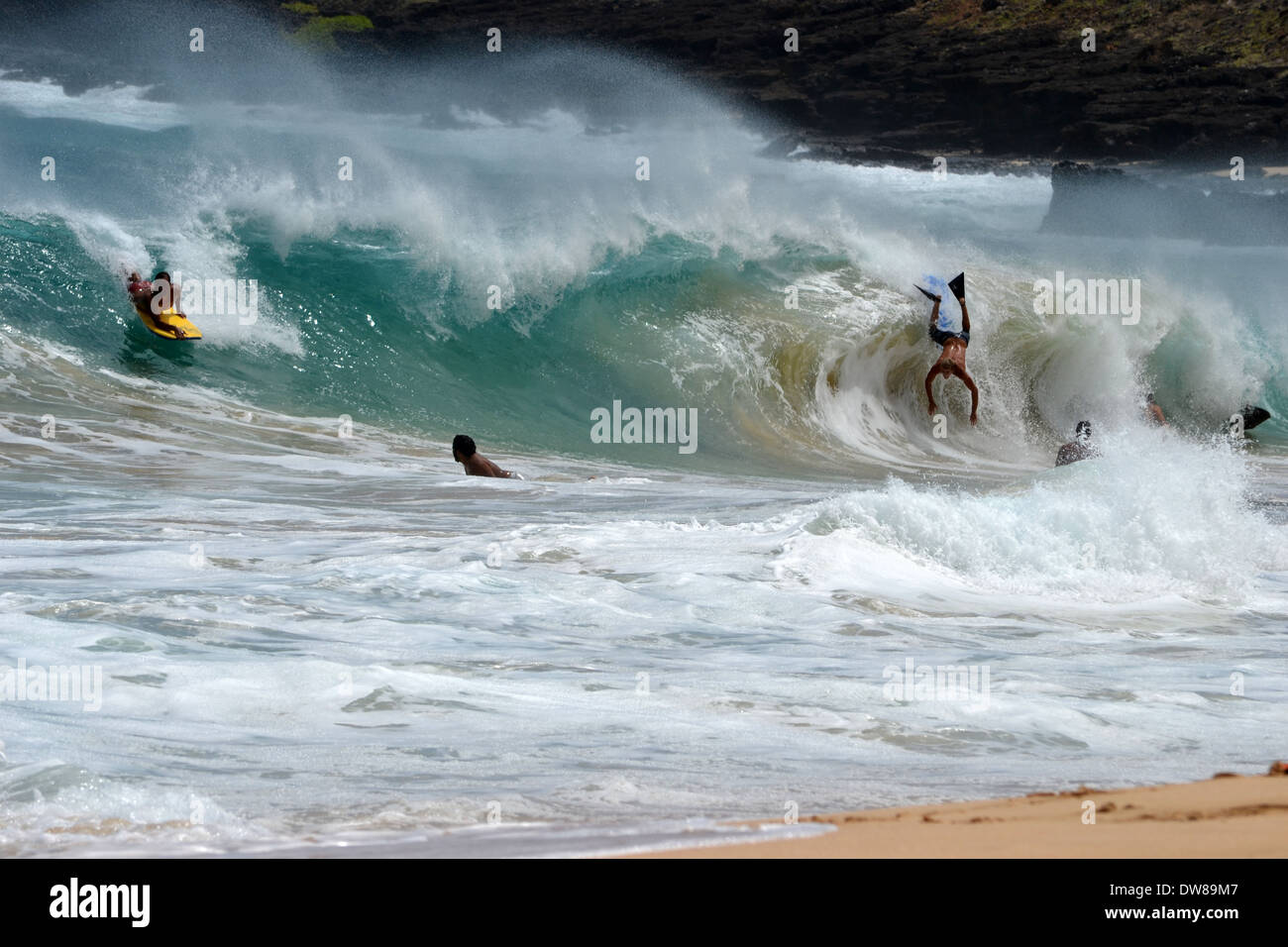 Bodyboarders avente fun Surf le onde della spiaggia di sabbia, Est Oahu, Hawaii, STATI UNITI D'AMERICA Foto Stock