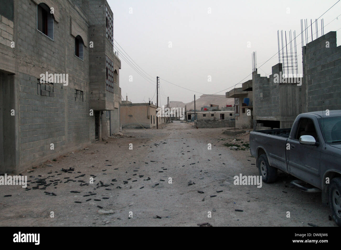 Damasco. 3 Mar 2014. Foto scattata sul Mar 3, 2014 mostra una street view del Sahel città nel nord della città Yabroud nella campagna di Damasco, Siria. Le forze siriane strappato indietro il controllo sulla città del Sahel e la Rima frutteti nei dintorni del Yabroud, una chiave roccaforte dei ribelli a nord di Damasco, dove le truppe siriane hanno iniziato una vasta offensiva per la riconquista della zona considerata importante per scoraggiare il flusso di ribelli e di armi dal Libano in Siria e viceversa. Credito: Bassem Tellawi/Xinhua/Alamy Live News Foto Stock