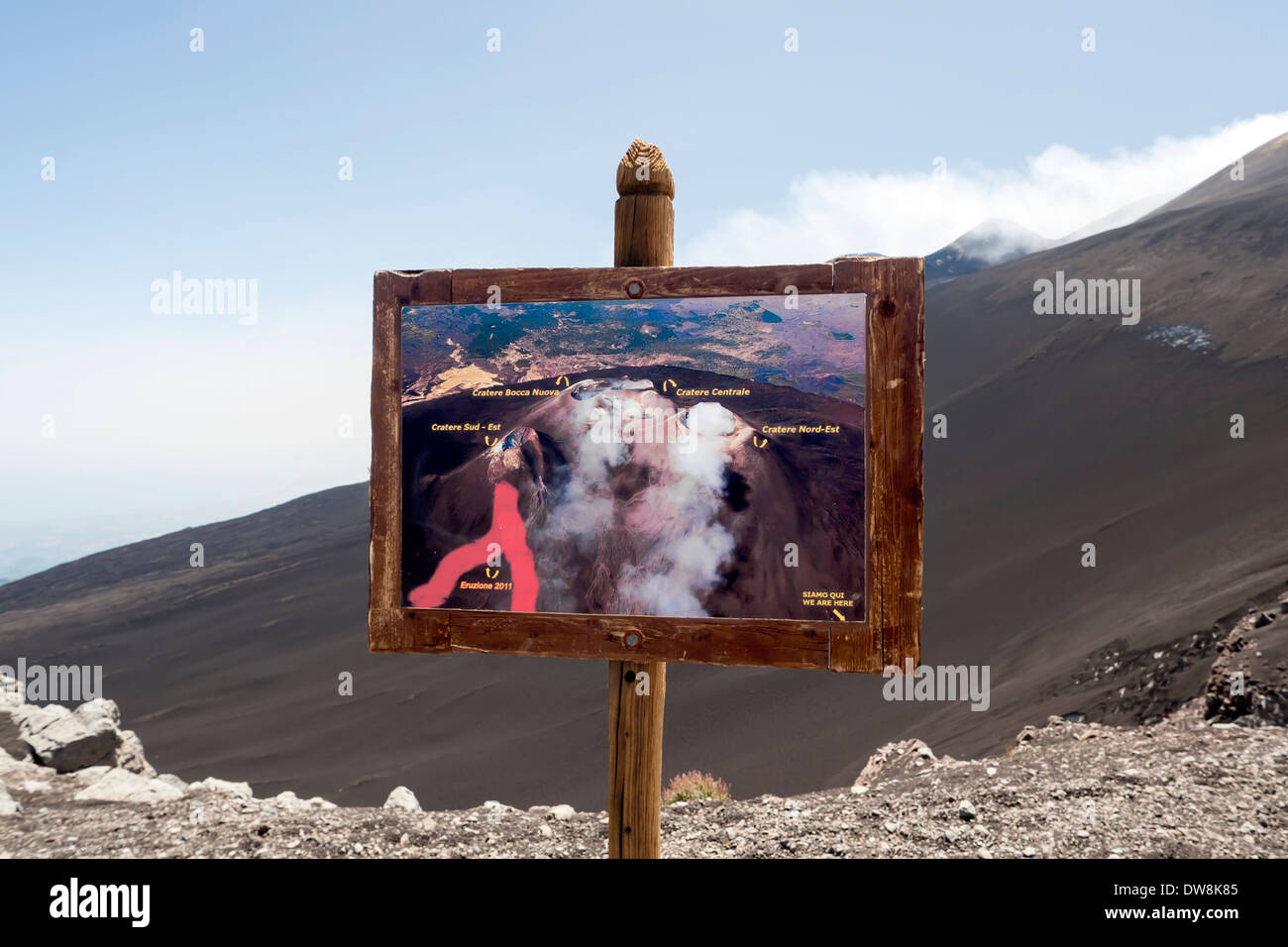 Un cartello vicino ai Crateri dell'Etna vulcanico che mostra la posizione dei Crateri, Sicilia, Italia Foto Stock