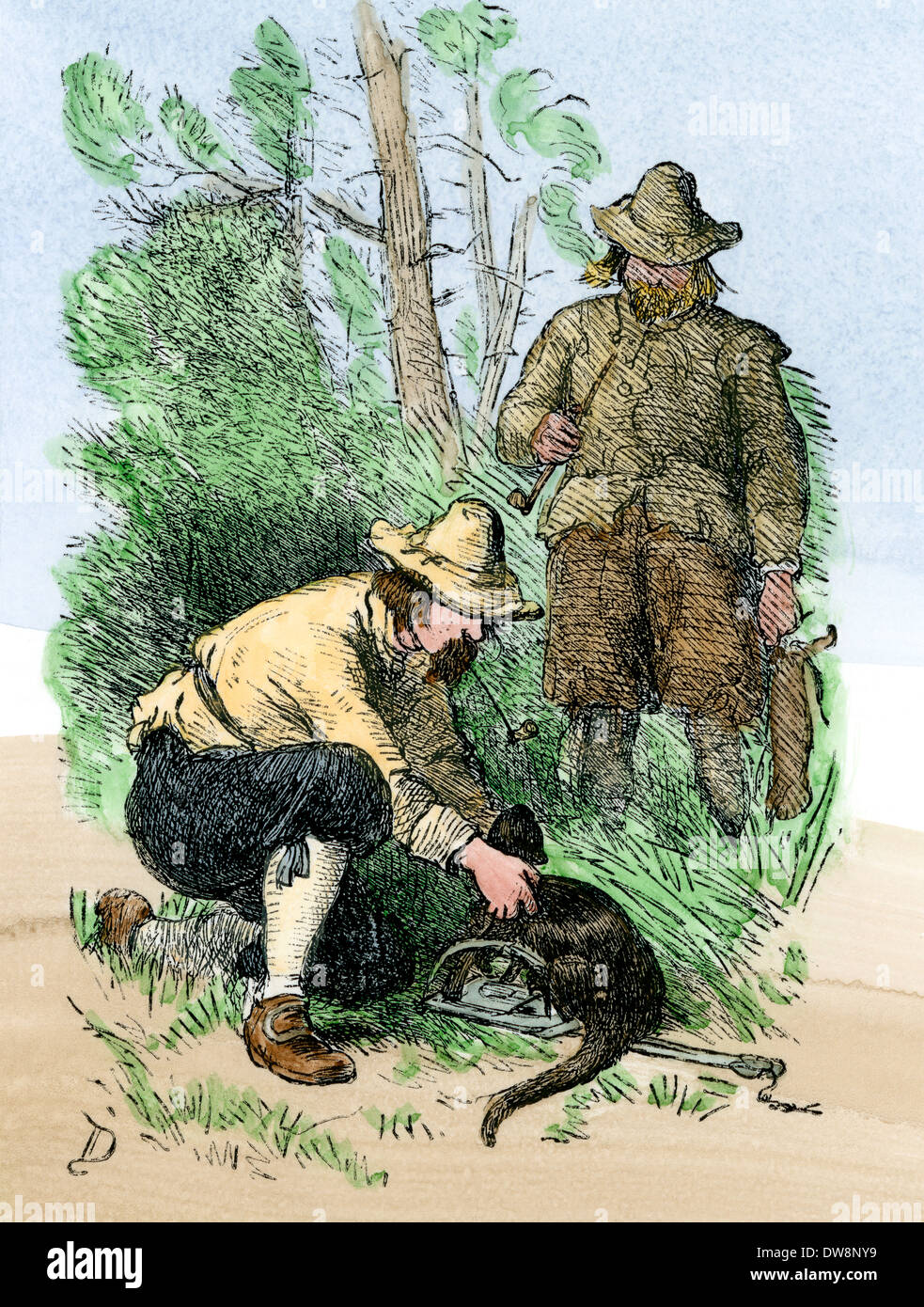 Primi cacciatori di pellicce di prendere un lontra. Colorate a mano la xilografia Foto Stock