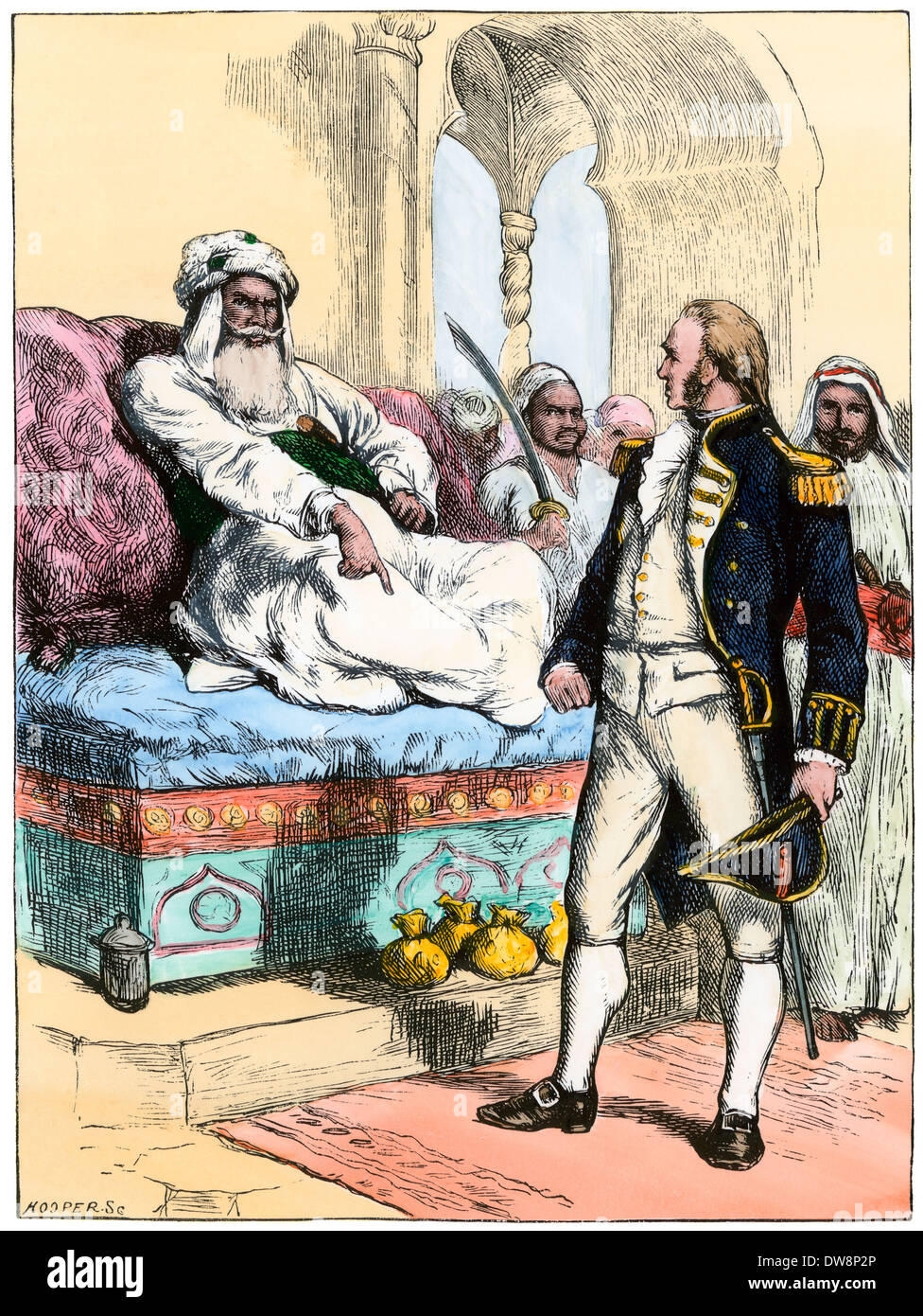 Dey di Algeri ci ordina il Capitano Bainbridge a portare omaggio a Costantinopoli, 1800. Colorate a mano la xilografia Foto Stock