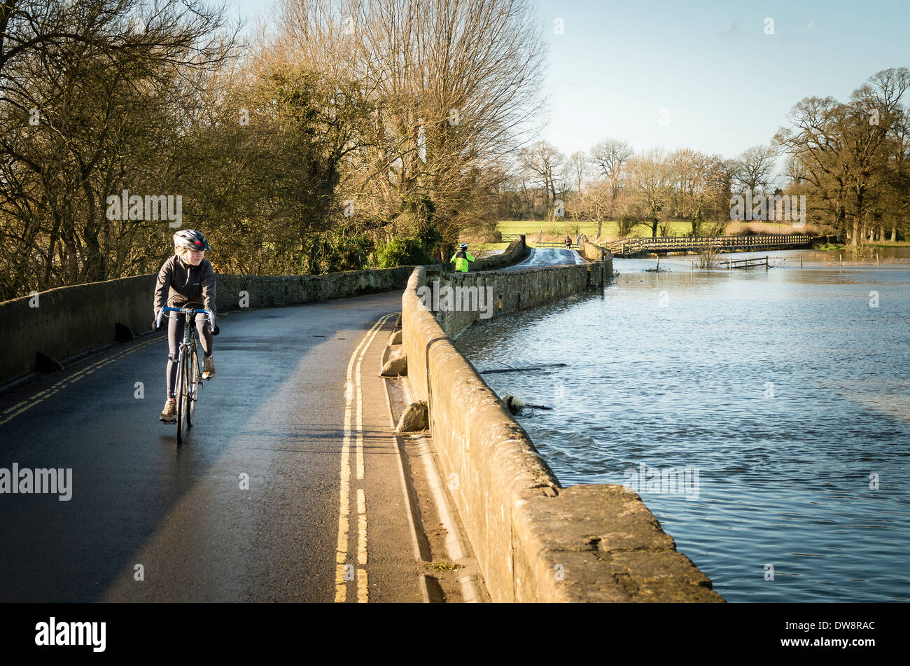 Ciclista osservando l'acqua di allagamento in Valle di Avon Lacock REGNO UNITO Foto Stock