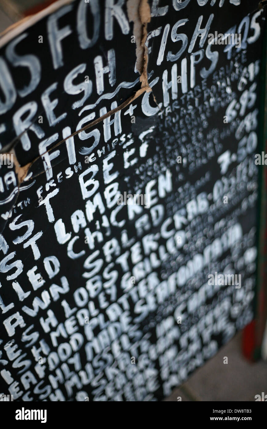 Pesce e chip shop blackboard Foto Stock