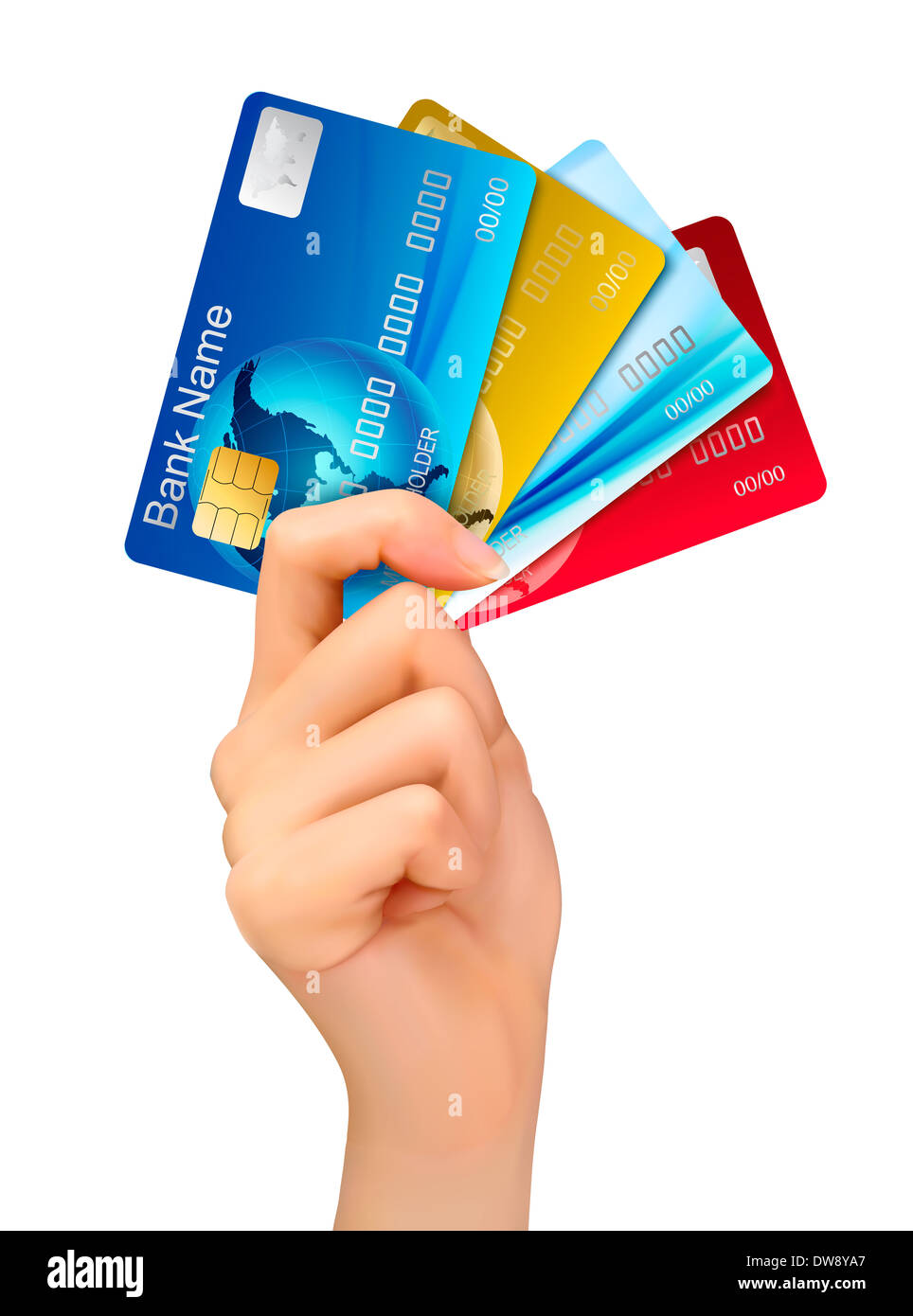 Mano che tiene le carte di credito. Illustrazione Vettoriale. Foto Stock