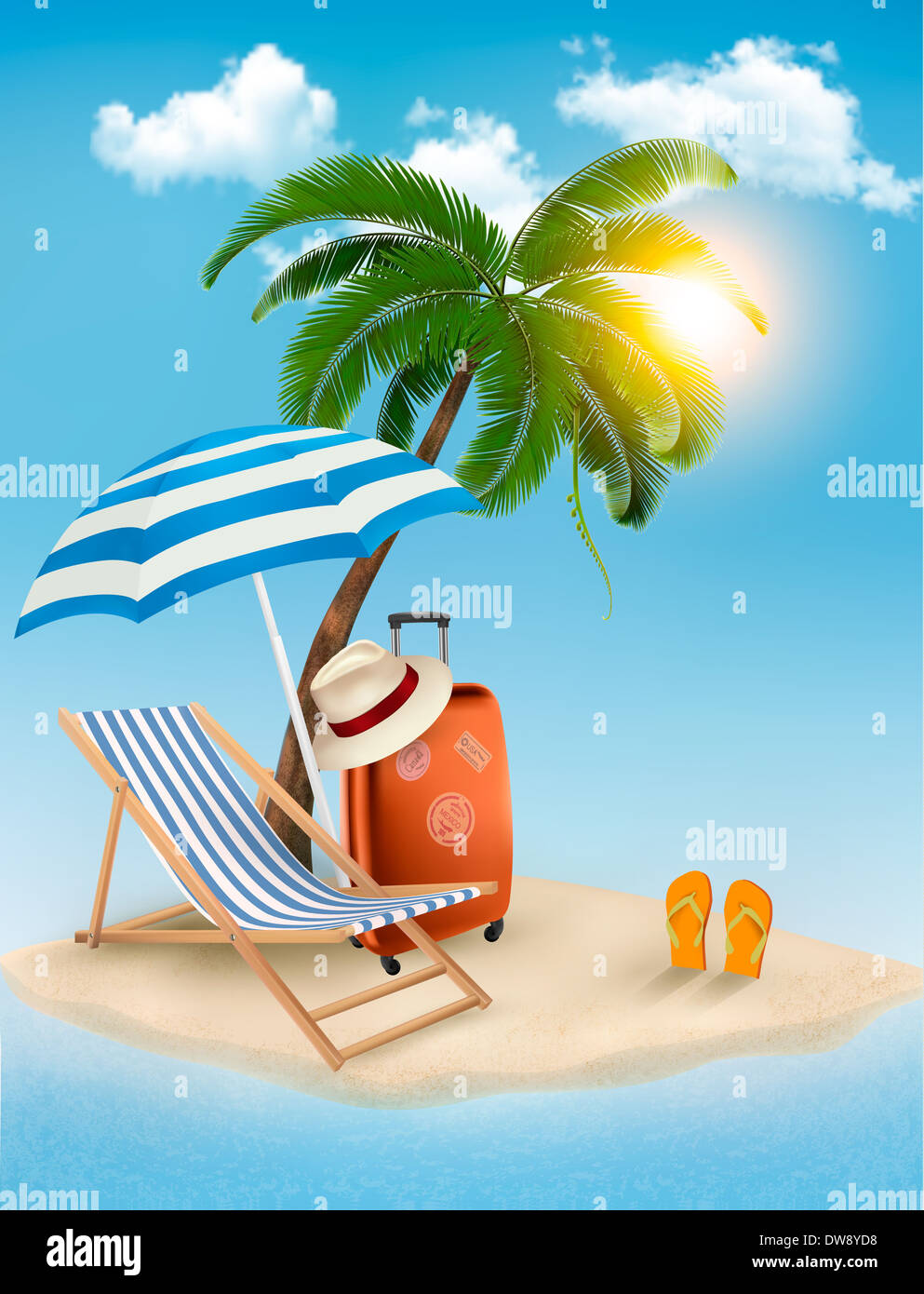 Vista mare con un albero di palma, sdraio sulla spiaggia e ombrellone. La vacanza estiva concetto dello sfondo. Vettore. Foto Stock